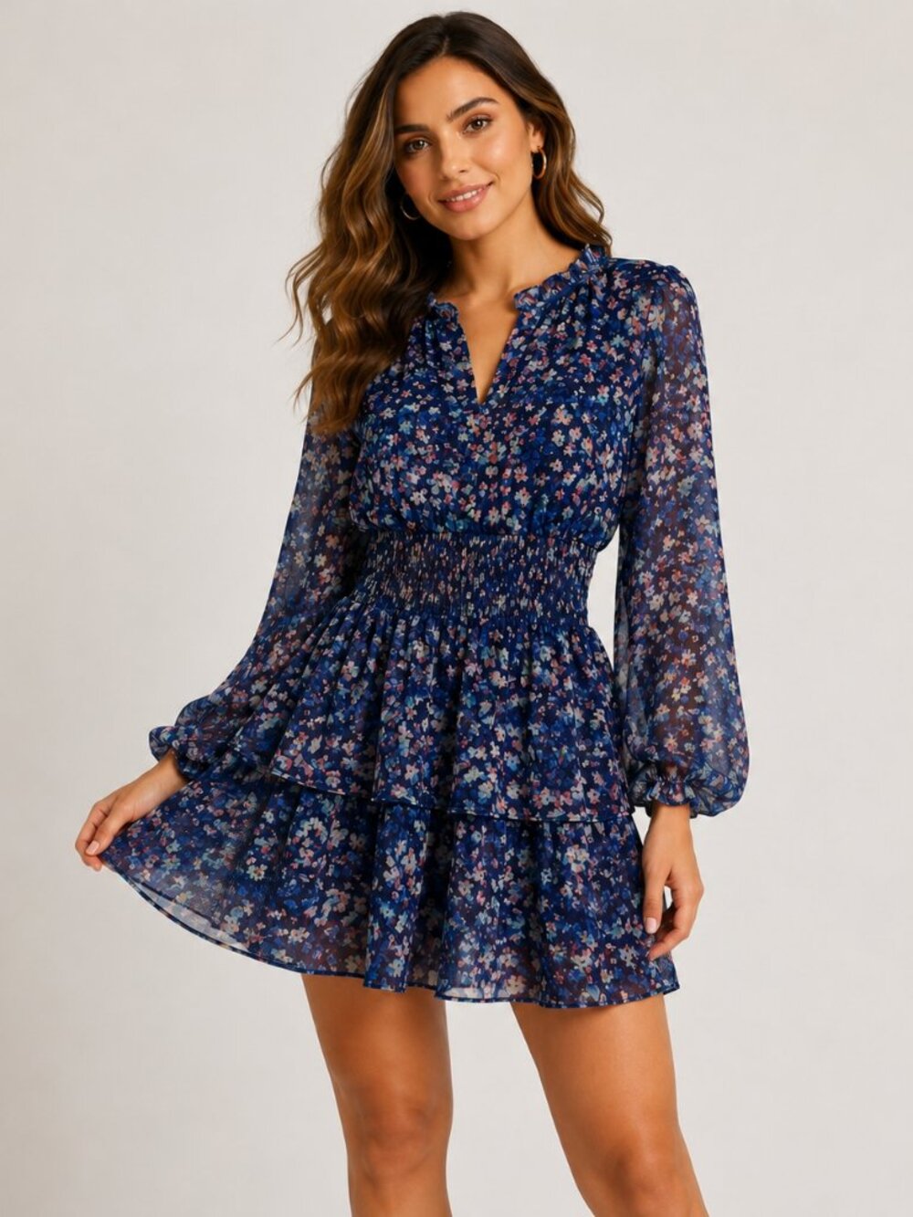 AQUA Blue Floral Long Sleeve Smocked Waist Mini Dress Size Small Boho Chiffon